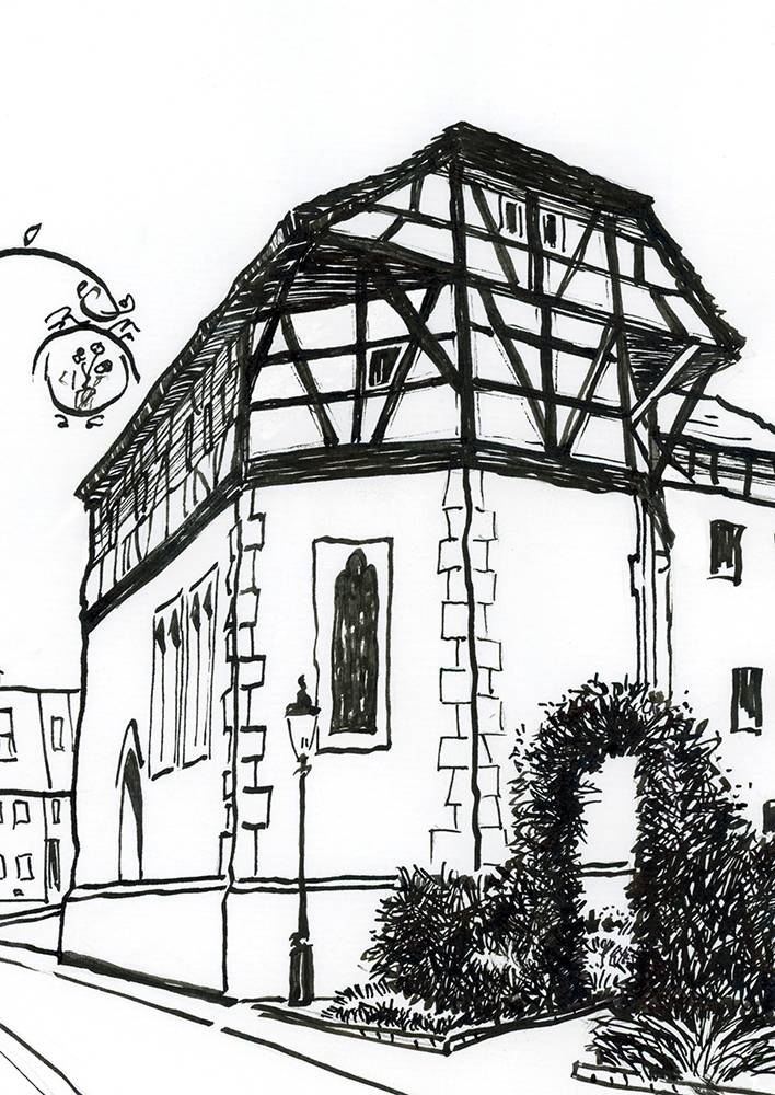 Beginenkloster in Buchen imOdenwald. Eine Tuschezeichnung die als Fineartprint dargestellt wird. Ein Romantisches Gebäude aus dem Mittelalter.