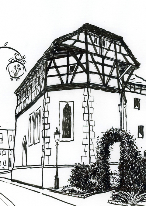 Beginenkloster in Buchen imOdenwald. Eine Tuschezeichnung die als Fineartprint dargestellt wird. Ein Romantisches Gebäude aus dem Mittelalter.