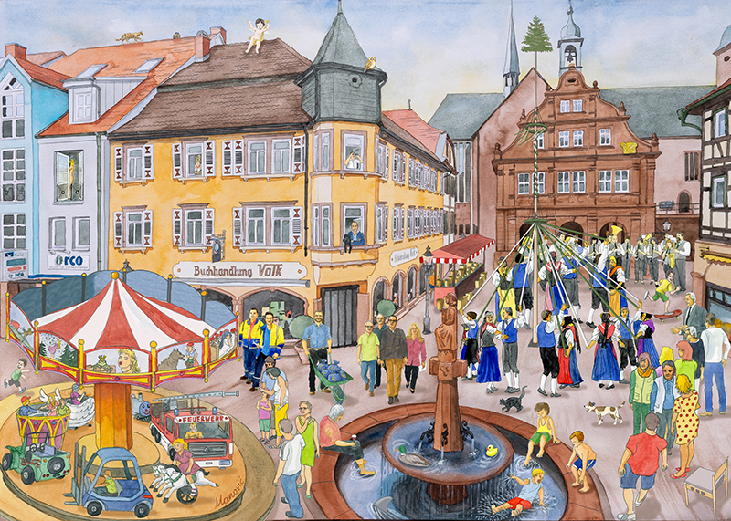 Davorin Manovic, manovic.de, Aquarellmalerei, Stadt Buchen, Odenwald, Buchen im Odenwald, Manovic Maler und Illustrator, Tuschezeichnung, Druck auf Leinwand, Bilderrahmen, Bilder und Rahmen Manovic, Einrahmungswerkstatt, Passepartout, Fine Art Drucke, Großformatdrucker.