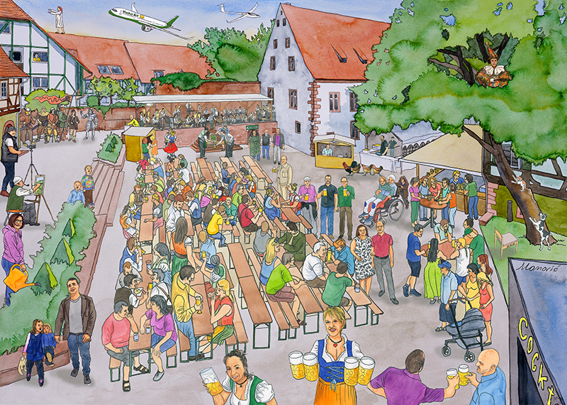 Davorin Manovic, manovic.de, Aquarellmalerei, Stadt Buchen, Odenwald, Buchen im Odenwald, Manovic Maler und Illustrator, Tuschezeichnung, Druck auf Leinwand, Bilderrahmen, Bilder und Rahmen Manovic, Einrahmungswerkstatt, Passepartout, Fine Art Drucke, Großformatdrucker.