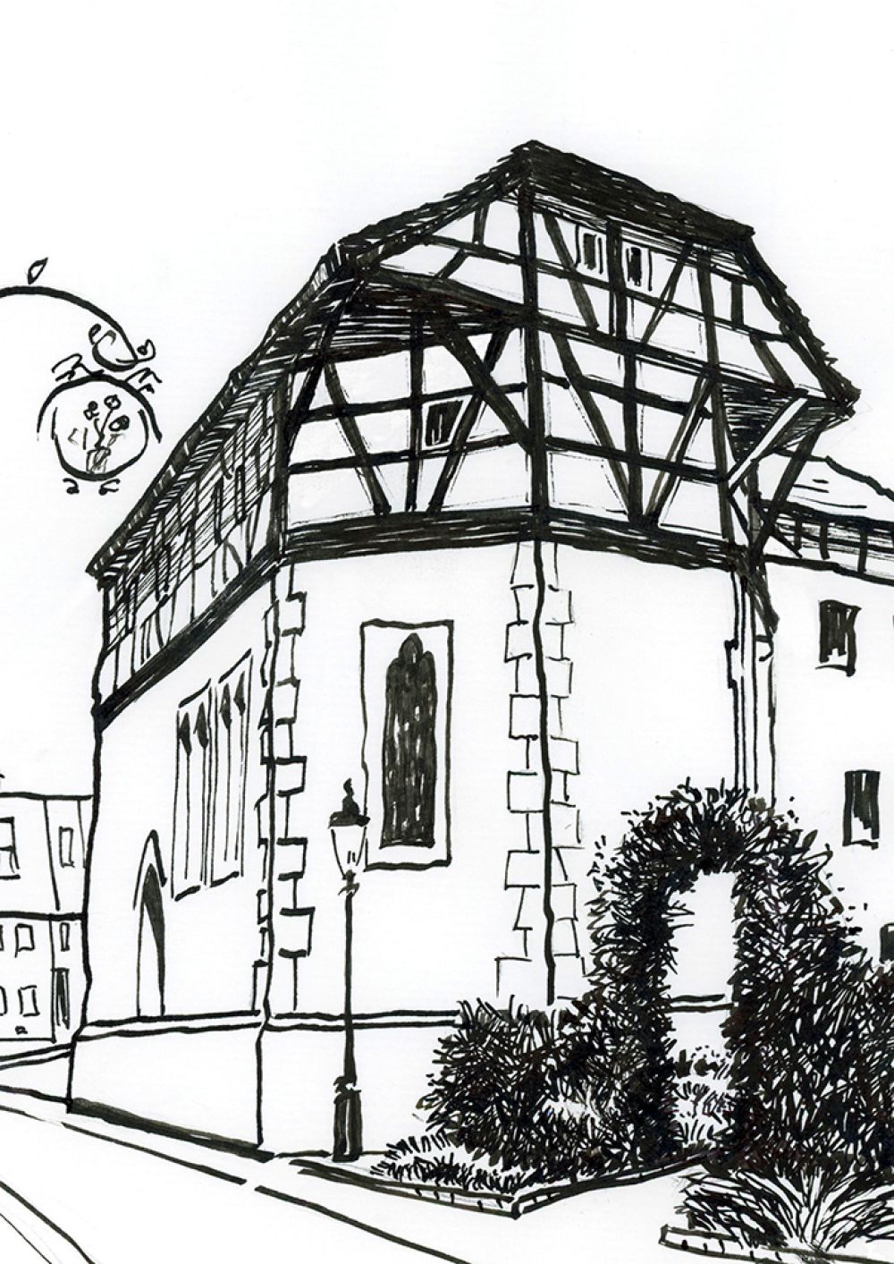 Beginenkloster in Buchen imOdenwald. Eine Tuschezeichnung die als Fineartprint dargestellt wird. Ein Romantisches Gebäude aus dem Mittelalter.