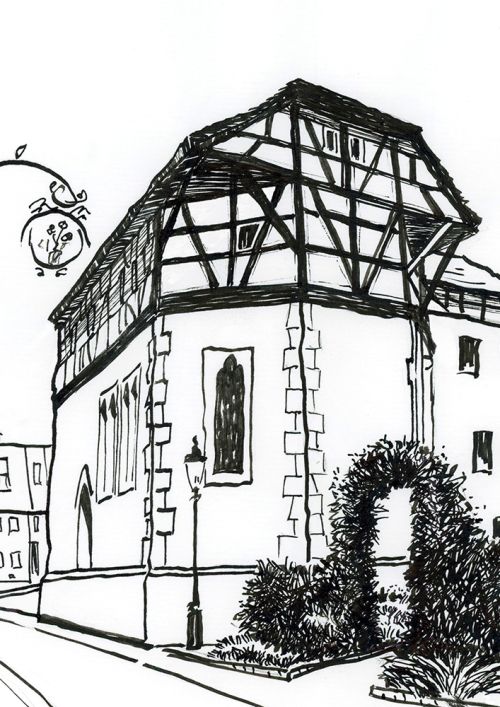 Beginenkloster in Buchen imOdenwald. Eine Tuschezeichnung die als Fineartprint dargestellt wird. Ein Romantisches Gebäude aus dem Mittelalter.