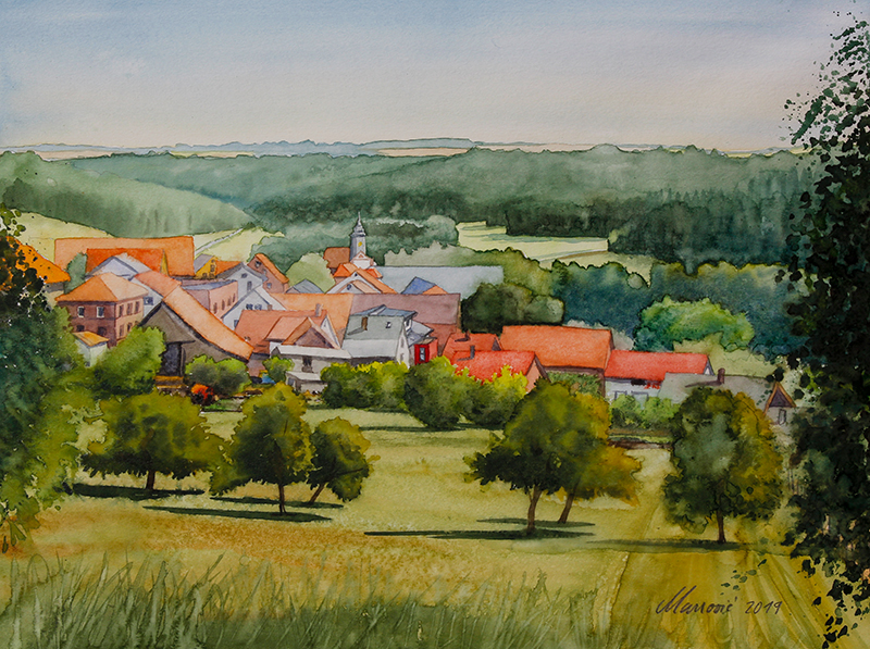 Davorin Manovic, manovic.de, Aquarellmalerei, Stadt Buchen, Odenwald, Buchen im Odenwald, Manovic Maler und Illustrator, Tuschezeichnung, Druck auf Leinwand, Bilderrahmen, Bilder und Rahmen Manovic, Einrahmungswerkstatt, Passepartout, Fine Art Drucke, Großformatdrucker.